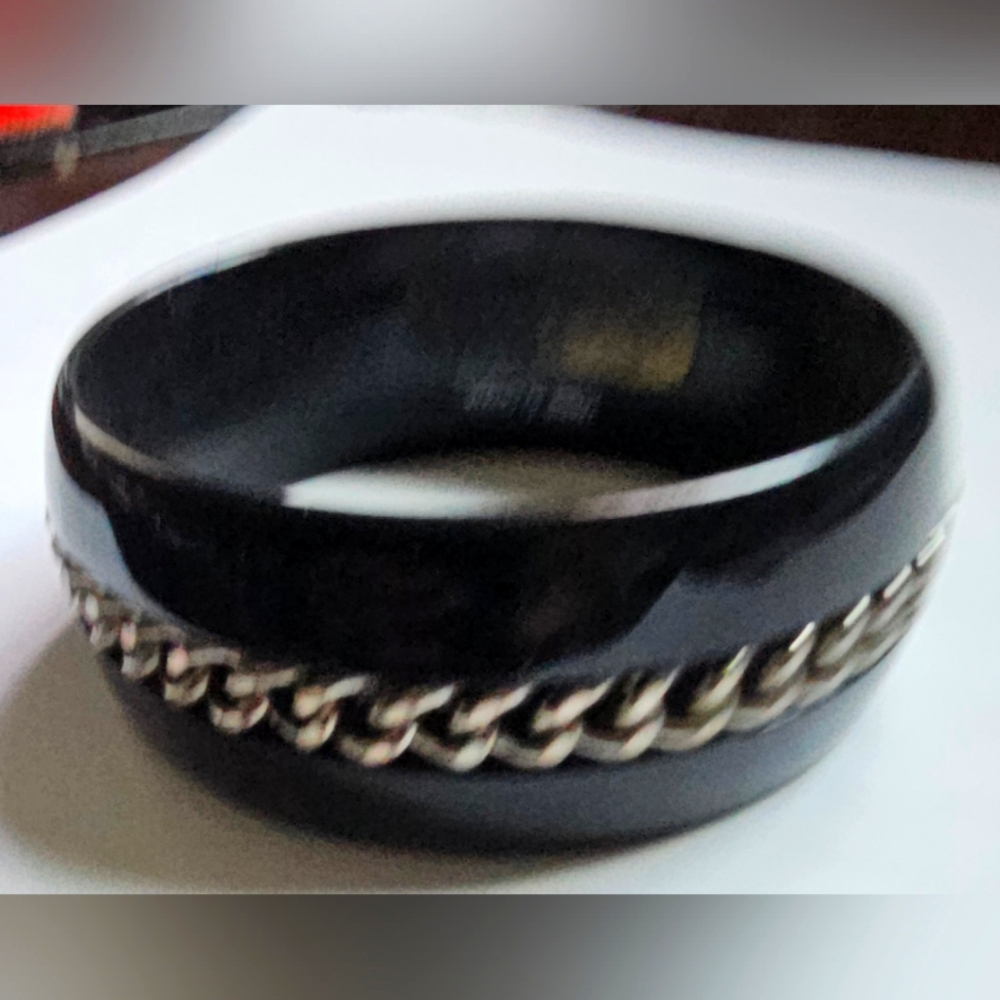 Women's Cool Black Bangle Bracelet with Silver Chain Detail